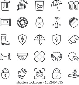 Thin Line Icon Set - plane radar vector, fence, umbrella, trash bin, lock, glove, boot, hose, patch, heart hand, shield, protect, eye id, water filter, home, surveillance, crisis management