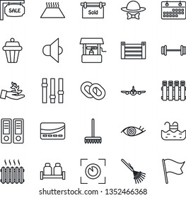 Thin Line Icon Set - plane vector, office binder, rake, well, barbell, eye, container, speaker, settings, chain, calendar, pool, sale, sold signboard, heater, salt and pepper, dress code, radiator