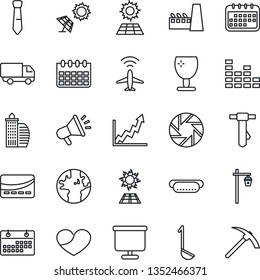 Thin Line Icon Set - Plane Radar Vector, Tie, Calendar, Garden Light, Earth, Car Delivery, Fragile, Equalizer, Heart, Mobile Camera, Presentation Board, Sun Panel, Office Building, Factory, Hot Dog