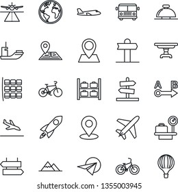 Thin Line Icon Set - plane vector, runway, arrival, airport bus, signpost, reception bell, seat map, luggage storage, scales, bike, navigation, earth, pin, sea shipping, route, place tag, mountains