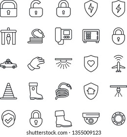 Thin Line Icon Set - plane radar vector, security gate, alarm car, border cone, safe, lock, glove, boot, hose, heart shield, protect, intercome, home, surveillance, sprinkler, crisis management