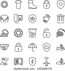 Thin Line Icon Set - plane radar vector, trash bin, safe, lock, glove, boot, hose, heart shield, hand, umbrella, protect, estate insurance, intercome, water filter, home, surveillance, palm sproute