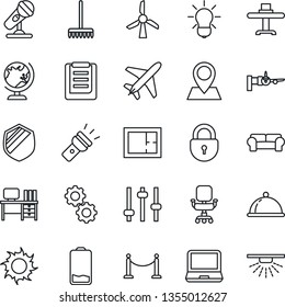 Thin Line Icon Set - plane vector, fence, globe, boarding, lock, desk, rake, sun, pin, clipboard, shield, microphone, laptop pc, low battery, tuning, torch, office chair, plan, cushioned furniture