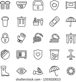 Thin Line Icon Set - plane radar vector, fence, passport control, security gate, umbrella, trash bin, safe, glove, boot, hose, patch, heart shield, lock, eye id, water filter, home protect