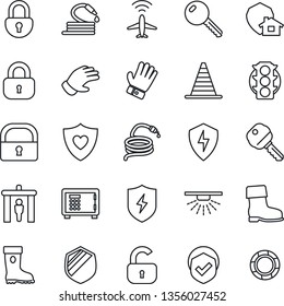 Thin Line Icon Set - plane radar vector, security gate, border cone, safe, glove, boot, hose, heart shield, traffic light, protect, lock, key, home, sprinkler, crisis management