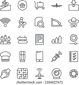 Thin Line Icon Set - plane radar vector, baggage trolley, parking, signpost, pedestal, syringe, joint, package, cell phone, brightness, document search, checklist, manager, career ladder, wireless
