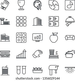 Thin Line Icon Set - plane globe vector, airport building, checkroom, office, growth statistic, monitor, glove, seedling, blood test vial, railroad, fragile, menu, music, application, water supply