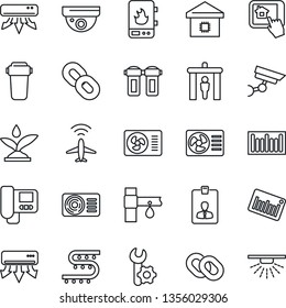 Thin Line Icon Set - plane radar vector, security gate, identity card, drip irrigation, barcode, chain, root setup, air conditioner, smart home, water heater, intercome, control app, filter
