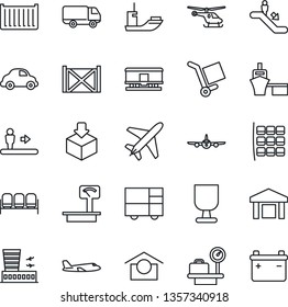Thin Line Icon Set - plane vector, escalator, waiting area, helicopter, seat map, luggage scales, airport building, sea shipping, cargo container, car delivery, port, consolidated, fragile, package