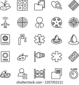 Thin Line Icon Set - plane radar vector, passport, wind, luggage storage, water drop, pond, heart diagnostic, pills blister, ambulance star, patient, folder document, reel, application, target