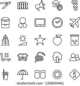 Thin Line Icon Set - plane vector, airport bus, sun, fence, tree, pruner, hose, seeds, umbrella, no trolley, hook, loudspeaker, tv, group, archive chest, brightness, clock, office building, police