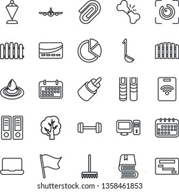 Thin Line Icon Set - plane vector, pennant, office binder, fence, rake, tree, barbell, broken bone, term, rca, eye id, paper clip, pie graph, notebook pc, book, credit card, ladle, water, pass, flag