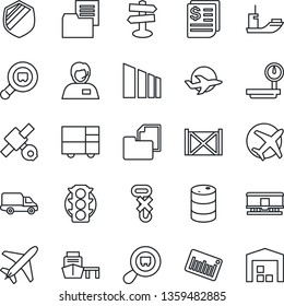 Thin Line Icon Set - plane vector, signpost, satellite, traffic light, support, sea shipping, car delivery, receipt, port, container, consolidated cargo, folder document, no hook, sorting, shield