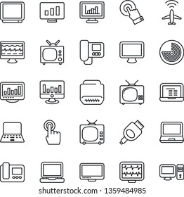 Thin Line Icon Set - plane radar vector, notebook pc, statistic monitor, pulse, tv, touch screen, laptop, hdmi, statistics, intercome