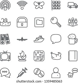 Thin Line Icon Set - plane vector, seat map, office binder, notepad, butterfly, fire, syringe, pills, sea shipping, car delivery, tv, dialog, message, user, folder, lock, company, pool, key, beer