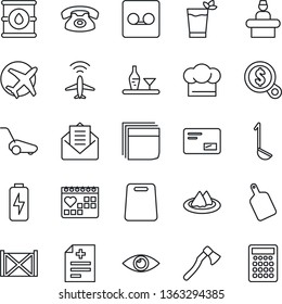 Thin Line Icon Set - plane radar vector, reception, lawn mower, axe, diagnosis, eye, medical calendar, container, oil barrel, mail, record, charge, blank box, phone, alcohol, serviette, cook hat
