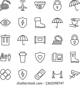 Thin Line Icon Set - plane radar vector, fence, passport control, umbrella, trash bin, lock, boot, hose, patch, heart shield, hand, protect, eye id, intercome, water filter, surveillance