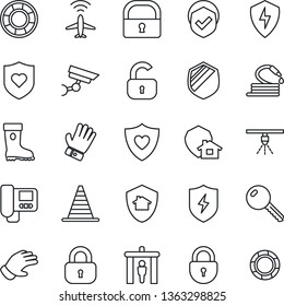 Thin Line Icon Set - plane radar vector, security gate, border cone, lock, glove, boot, hose, heart shield, protect, key, intercome, home, surveillance, sprinkler, crisis management