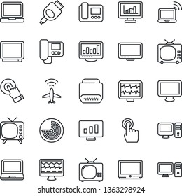 Thin Line Icon Set - plane radar vector, wireless notebook, statistic monitor, pulse, tv, touch screen, laptop pc, hdmi, statistics, intercome