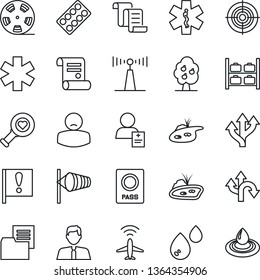 Thin Line Icon Set - plane radar vector, passport, wind, luggage storage, contract, heart diagnostic, pills blister, ambulance star, patient, route, important flag, folder document, reel, antenna