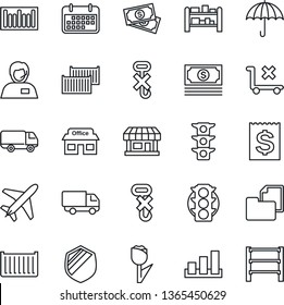 Thin Line Icon Set - plane vector, store, cash, traffic light, support, cargo container, car delivery, term, receipt, folder document, umbrella, no trolley, hook, tulip, sorting, shield, barcode
