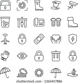 Thin Line Icon Set - plane radar vector, security gate, umbrella, trash bin, lock, glove, boot, hose, patch, heart hand, protect, eye id, intercome, water filter, surveillance, crisis management