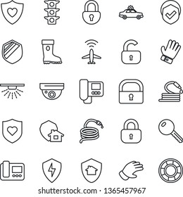 Thin Line Icon Set - plane radar vector, alarm car, glove, boot, hose, heart shield, traffic light, protect, lock, key, intercome, home, surveillance, sprinkler, crisis management