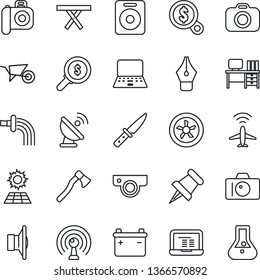 Thin Line Icon Set - plane radar vector, camera, desk, notebook pc, wheelbarrow, watering, axe, picnic table, satellite antenna, speaker, paper pin, ink pen, sun panel, knife, fan, web, battery