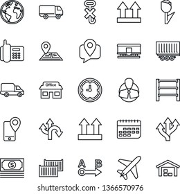 Thin Line Icon Set - plane vector, route, navigation, earth, store, cash, office phone, client, mobile tracking, truck trailer, cargo container, car delivery, clock, term, up side sign, no hook