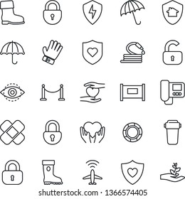 Thin Line Icon Set - plane radar vector, fence, umbrella, lock, glove, boot, hose, patch, heart shield, hand, protect, eye id, intercome, water filter, home, crisis management, palm sproute