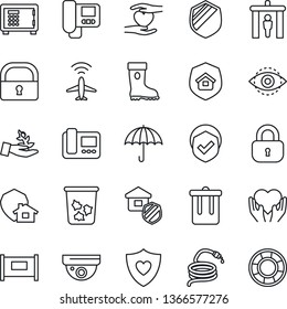 Thin Line Icon Set - plane radar vector, fence, security gate, trash bin, safe, boot, hose, heart shield, hand, umbrella, lock, eye id, estate insurance, intercome, home protect, surveillance