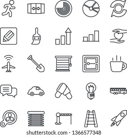 Thin Line Icon Set - plane radar vector, airport bus, barrier, automatic door, growth statistic, coffee, bulb, job, ladder, pills, run, heart hand, car delivery, dialog, themes, scanner, notes, pie