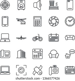 Thin Line Icon Set - plane vector, helicopter, airport building, mobile phone, office, notebook pc, bike, satellite, term, camera, laptop, speaker, back, calendar, clock, calculator, target, sound