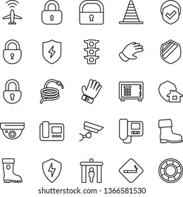 Thin Line Icon Set - plane radar vector, security gate, smoking place, border cone, safe, lock, glove, boot, hose, traffic light, shield, protect, intercome, home, surveillance, crisis management