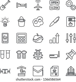 Thin Line Icon Set - plane radar vector, cafe, bed, growth statistic, pen, drawing pin, shovel, bucket, lady bug, well, blood test vial, diet, tuning, calculator, mail, estate document, open close