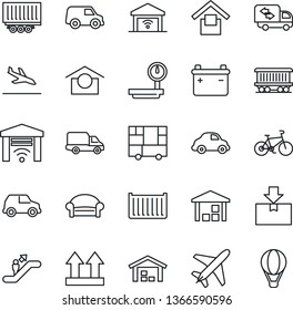 Thin Line Icon Set - plane vector, arrival, escalator, waiting area, bike, railroad, truck trailer, cargo container, car delivery, consolidated, warehouse storage, up side sign, package, moving