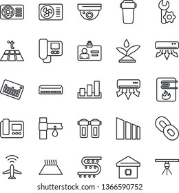 Thin Line Icon Set - plane radar vector, identity card, drip irrigation, sorting, barcode, chain, root setup, air conditioner, smart home, water heater, intercome, filter, warm floor, surveillance