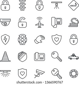 Thin Line Icon Set - plane radar vector, smoking place, alarm car, border cone, lock, glove, hose, heart shield, traffic light, protect, key, intercome, surveillance, sprinkler, crisis management