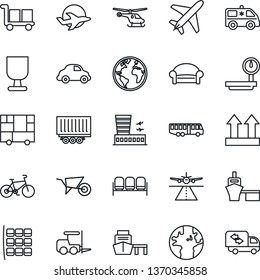 Thin Line Icon Set - plane vector, runway, airport bus, waiting area, fork loader, helicopter, seat map, building, wheelbarrow, ambulance car, bike, earth, truck trailer, delivery, sea port, fragile