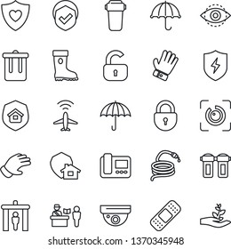 Thin Line Icon Set - plane radar vector, passport control, security gate, trash bin, lock, glove, boot, hose, patch, heart shield, umbrella, protect, eye id, estate insurance, intercome, home
