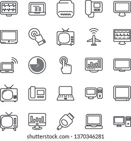 Thin Line Icon Set - plane radar vector, wireless notebook, pc, statistic monitor, pulse, tv, touch screen, laptop, hdmi, statistics, intercome