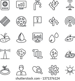 Thin Line Icon Set - plane radar vector, passport, contract, statistic monitor, water drop, pond, heart diagnostic, pills blister, route, important flag, reel, antenna, root setup, supply, alarm led