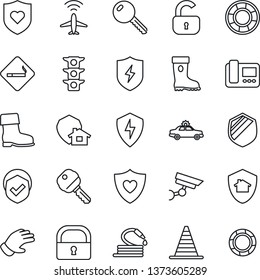 Thin Line Icon Set - plane radar vector, smoking place, alarm car, border cone, glove, boot, hose, heart shield, traffic light, protect, lock, key, intercome, home, surveillance, crisis management