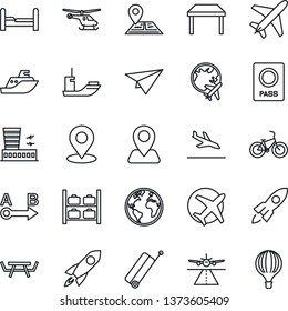 Thin Line Icon Set - Plane Vector, Runway, Suitcase, Arrival, Passport, Helicopter, Luggage Storage, Globe, Airport Building, Picnic Table, Bike, Navigation, Earth, Sea Shipping, Route, Place Tag