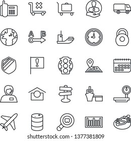 Thin Line Icon Set - plane vector, baggage trolley, signpost, navigation, earth, important flag, traffic light, office phone, support, client, sea shipping, car delivery, clock, term, port, no