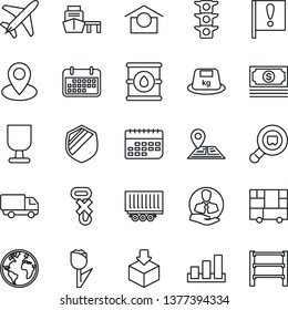 Thin Line Icon Set - plane vector, navigation, earth, pin, important flag, cash, traffic light, client, truck trailer, car delivery, term, sea port, consolidated cargo, fragile, warehouse storage