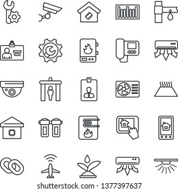 Thin Line Icon Set - plane radar vector, security gate, identity card, drip irrigation, barcode, chain, root setup, air conditioner, smart home, water heater, intercome, control app, filter