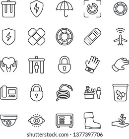 Thin Line Icon Set - plane radar vector, passport control, security gate, trash bin, safe, lock, glove, boot, hose, patch, heart hand, umbrella, protect, eye id, intercome, surveillance