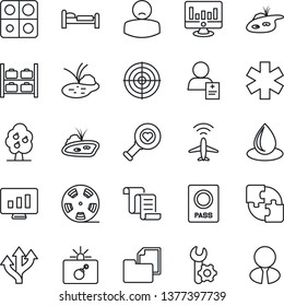 Thin Line Icon Set - plane radar vector, bomb in case, passport, bed, luggage storage, contract, statistic monitor, water drop, pond, heart diagnostic, ambulance star, patient, route, reel, target