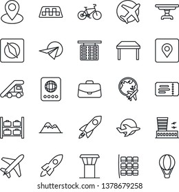 Thin Line Icon Set - plane vector, airport tower, taxi, ticket, passport, ladder car, seat map, flight table, luggage storage, globe, building, case, bike, pin, place tag, compass, mountains, rocket